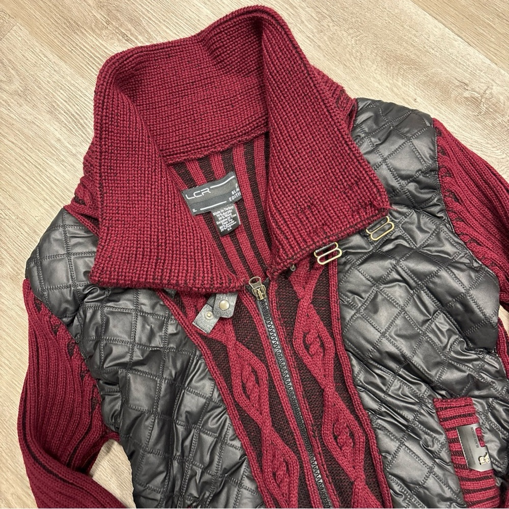 LCR Black Edition Men’s Sweater Jacket Red Knit Faux Leather Trim Buckle XL